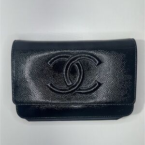 CHANEL | Black Patent Caviar Leather Wallet on Chain